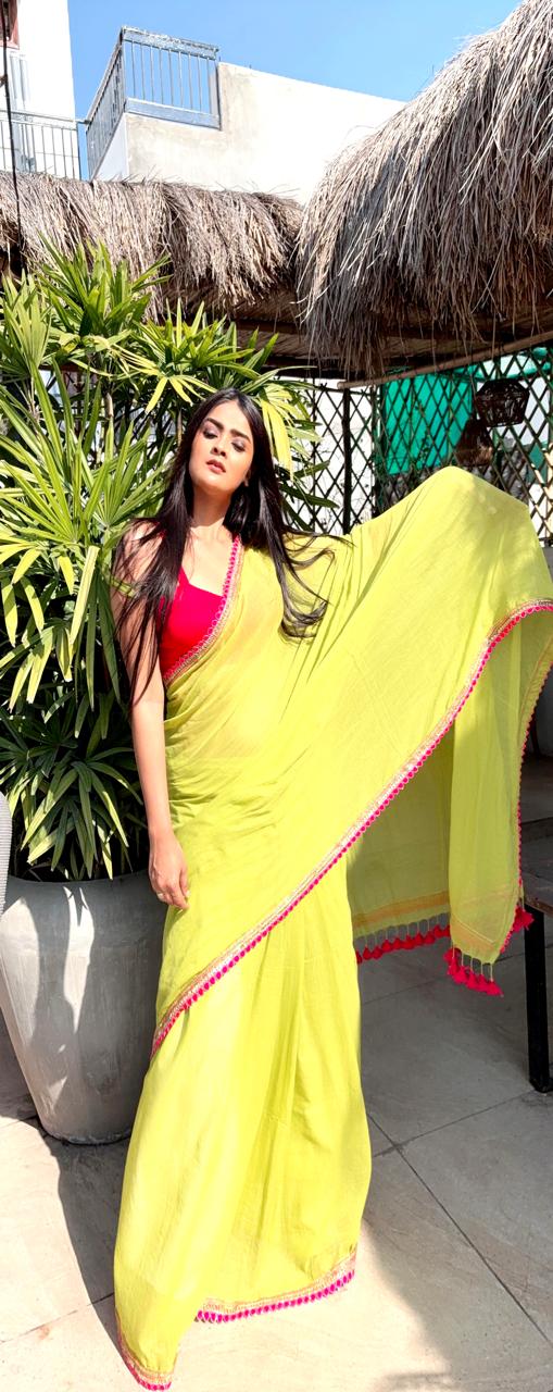 Neon Zari Mulmul Cotton Saree